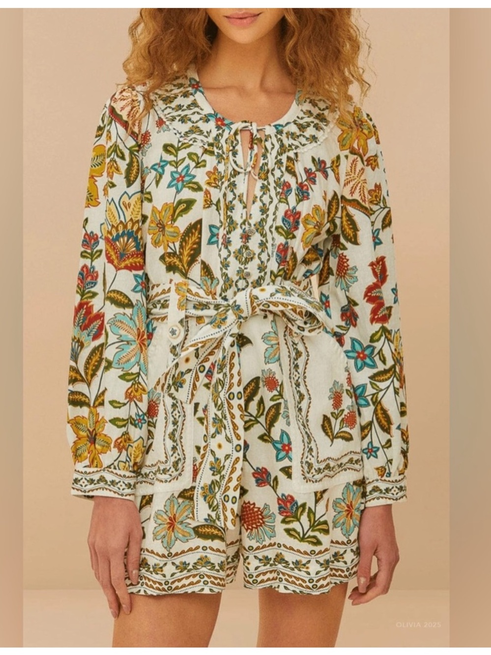 FARM Rio Cream Floral Tie-Waist Playsuit with Multicolor Embroidery XS NWOT